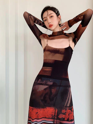 Crop Top & Mesh Midi Dress Two Piece Set