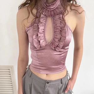 Cut Out Ruffled Halter Neck Top