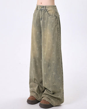 Washed Cross Print Wide Leg Jeans