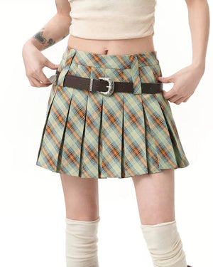Double Belt Plaid Pleated Skirt in Green