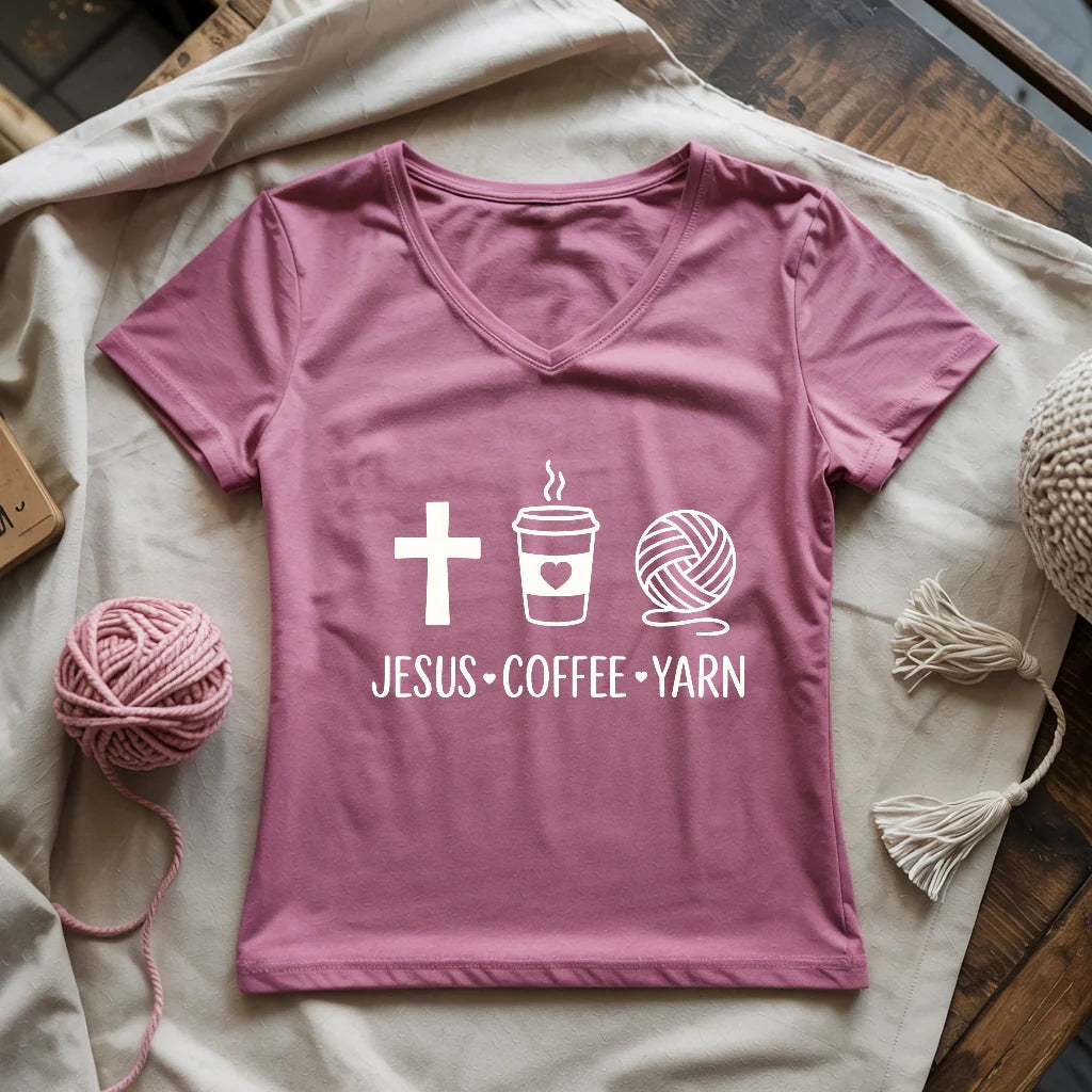 Jesus, Coffee and Yarn Lady V-neck