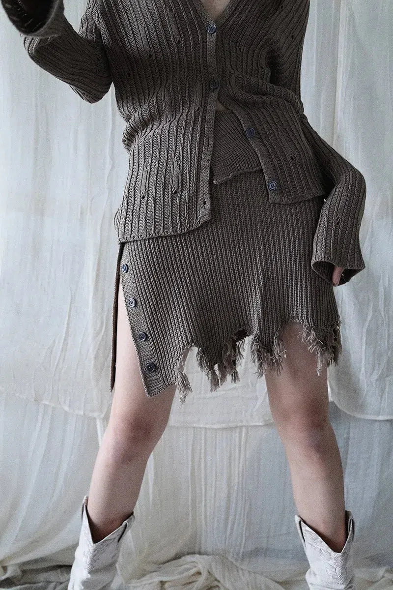 Grunge Distressed Cardigan & Mini Skirt Two Piece Set