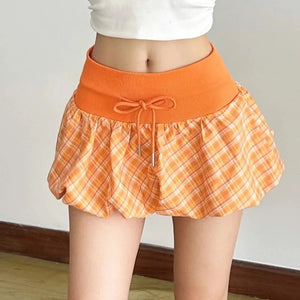 Plaid Drawstring Bubble Mini Skirt