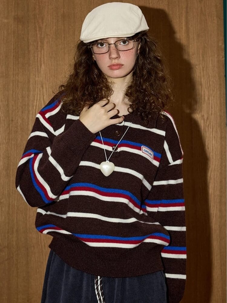 Striped Polo Collar Sweater