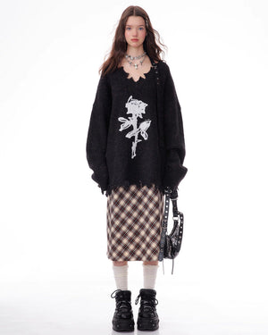 Distressed Rose Print Sweater