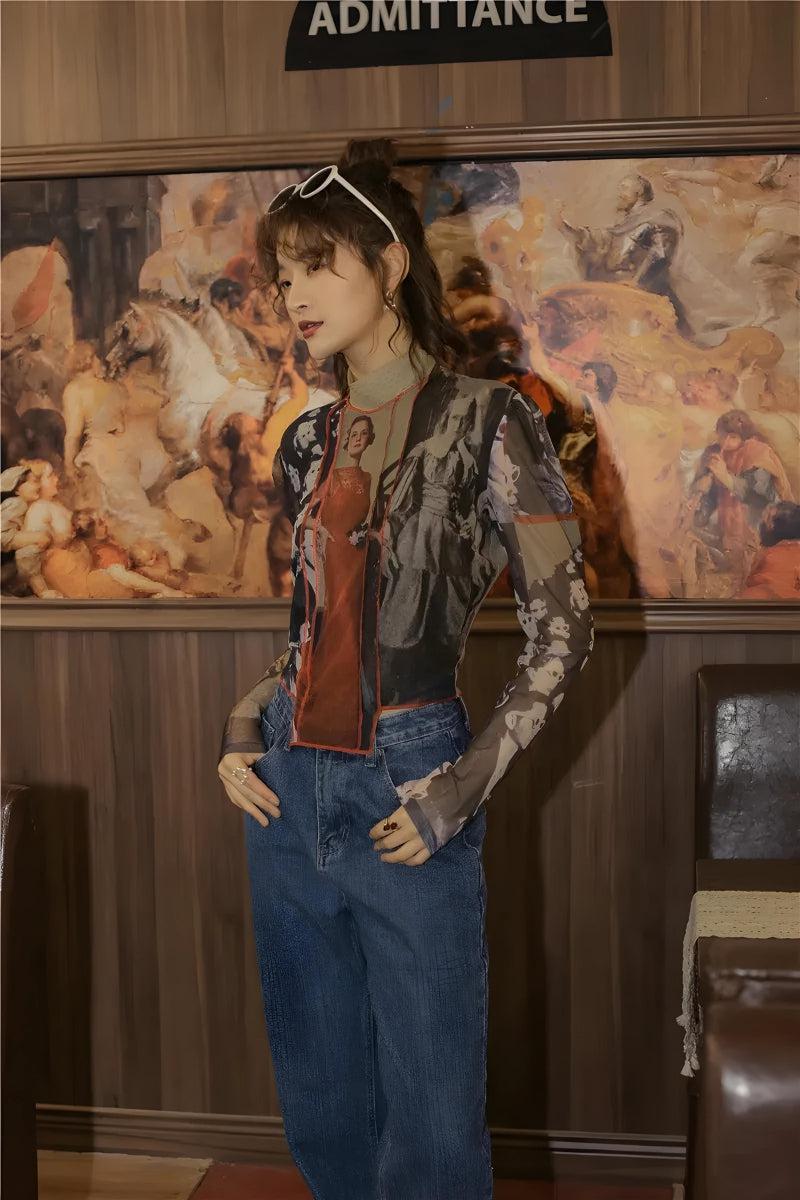 Vintage Asymmetric Patch Mesh Top