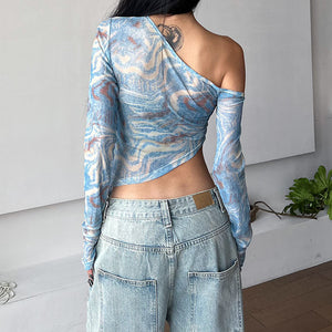 Blue Marble Asymmetrical Crop Top