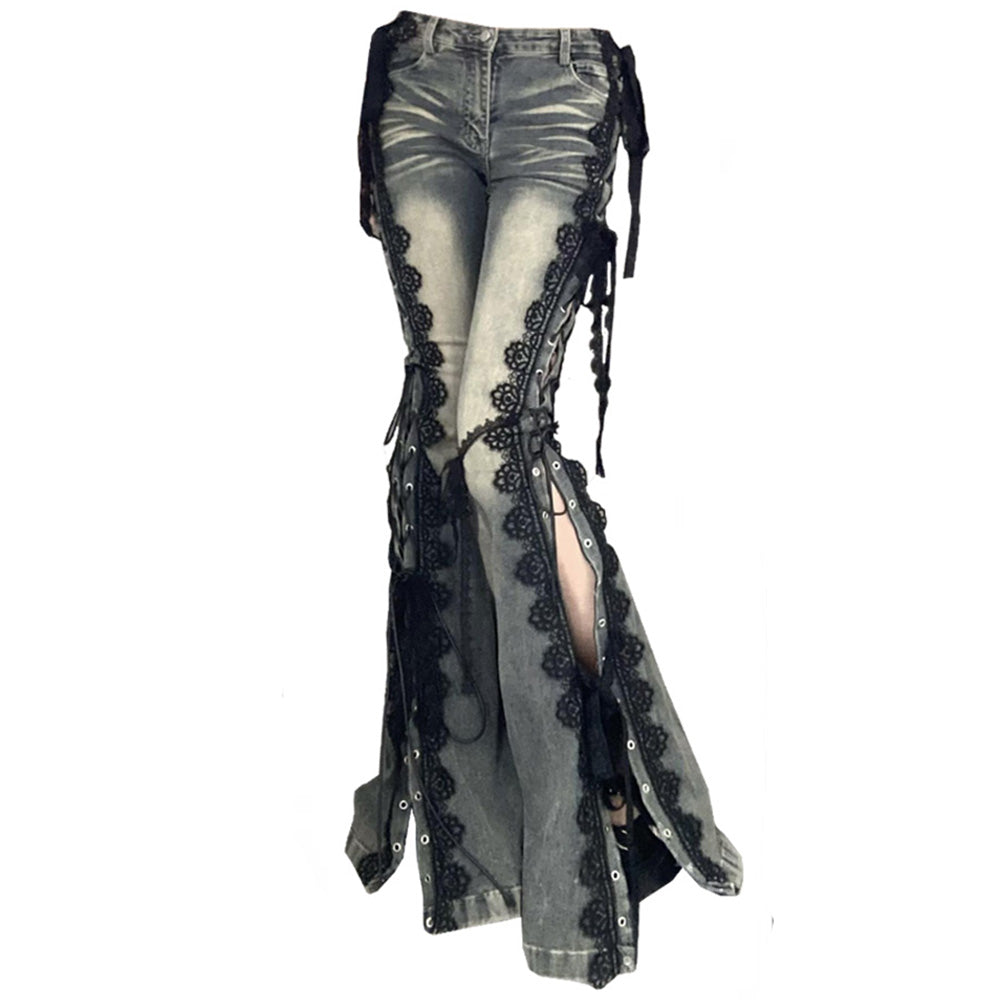 Fairy Grunge Lace Up Flared Jeans