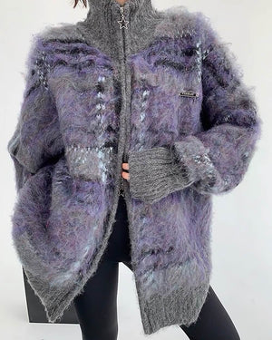 Indie Kid Fuzzy Plaid Zip Up Sweater