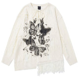 Oversized Ripped Sweater with Butterfly Print