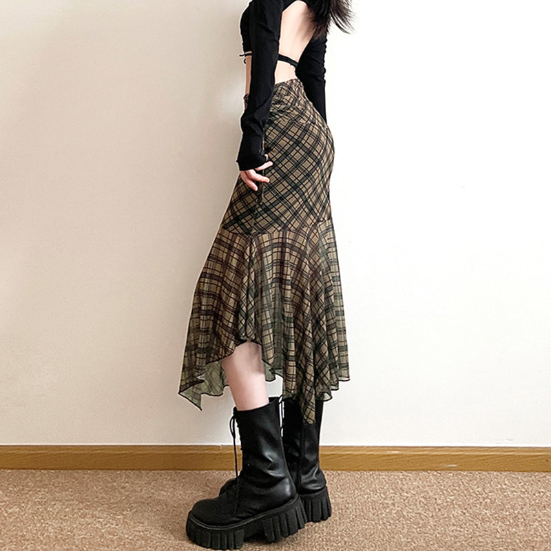 Plaid Asymmetrical Mesh Skirt