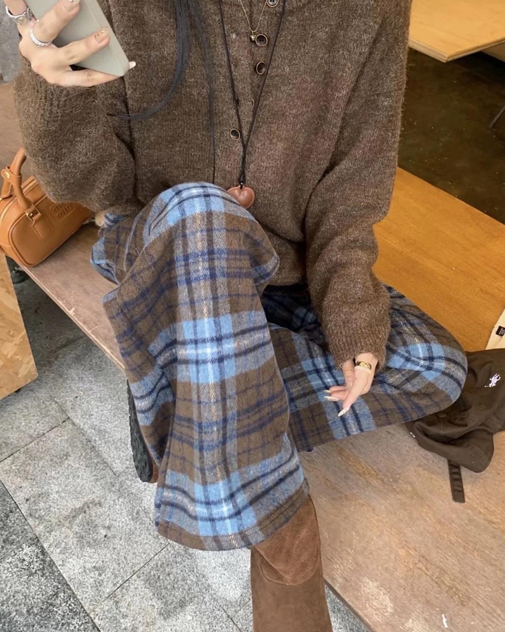 Autumn Study Vintage Plaid Wide Leg Pants