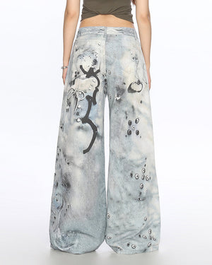 Washed Blue Chain Print Jeans