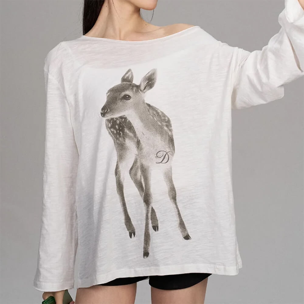 Y2K Deer Print One-Shoulder Top
